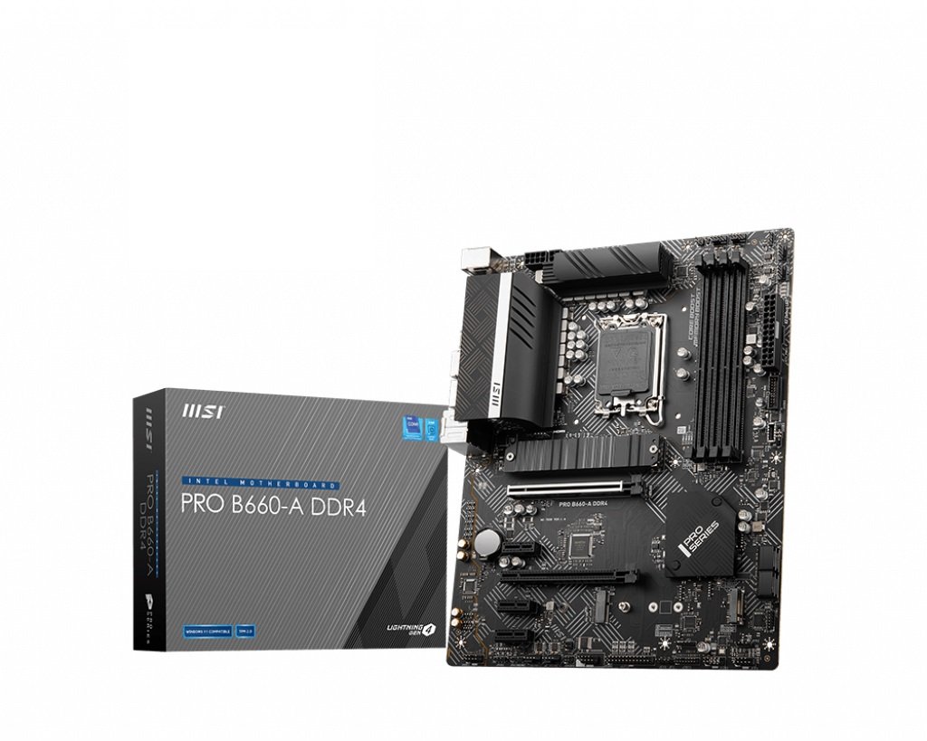 MSI PRO B660-A DDR4 Processor family Intel, Processor socket LGA1700, DDR4 DIMM, Memory slots 4, Supported hard disk drive interfaces SATA, M.2, Number of SATA connectors 4, Chipset Intel B660, ATX