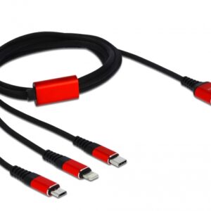 Delock USB-A to Micro USB, Lightning, USB-C 1 m, Black/Red