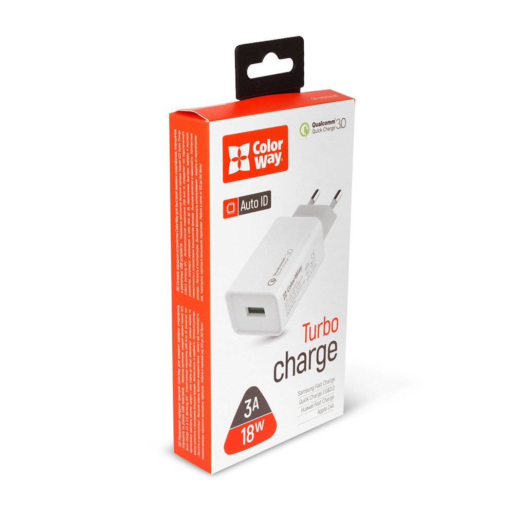 ColorWay AC Charger 1USB Quick Charge 3.0 1xUSB, White, 5 V, 18 W, 3.0 A