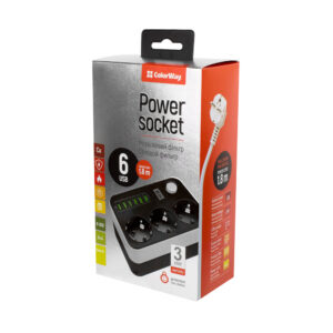 ColorWay Power Socket :3 EU plugs/6USB Blac CW-CHE36B 1.8 m, Black