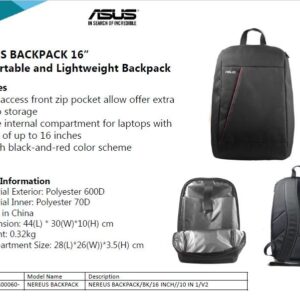 Asus NEREUS Fits up to size 16 “, Black, Backpack