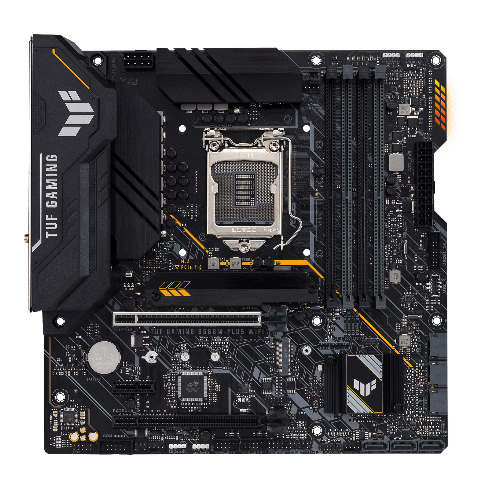 Asus TUF GAMING B560M-PLUS WIFI Processor family Intel, Processor socket LGA1200, DDR4 DIMM, Memory slots 4, Supported hard disk drive interfaces SATA, M.2, Number of SATA connectors 6, Chipset Intel B560, Micro ATX