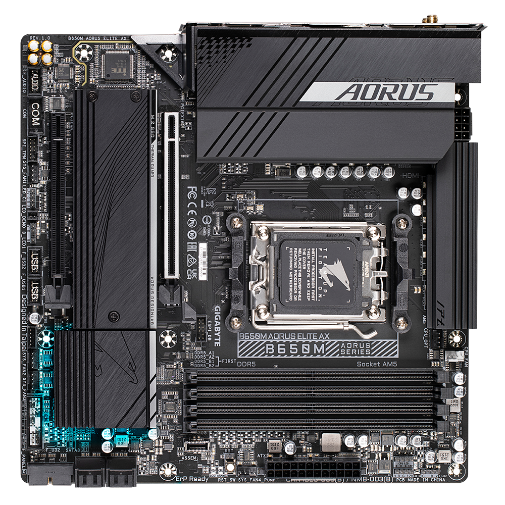 Gigabyte B650M AORUS ELITE AX 1.0 M/B Processor family AMD, Processor socket AM5, DDR5 DIMM, Memory slots 4, Supported hard disk drive interfaces SATA, M.2, Number of SATA connectors 4, Chipset AMD B650, Micro ATX - Image 3