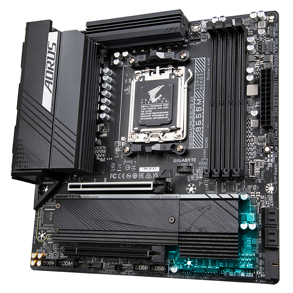 Gigabyte B650M AORUS ELITE AX 1.0 M/B Processor family AMD, Processor socket AM5, DDR5 DIMM, Memory slots 4, Supported hard disk drive interfaces SATA, M.2, Number of SATA connectors 4, Chipset AMD B650, Micro ATX - Image 5