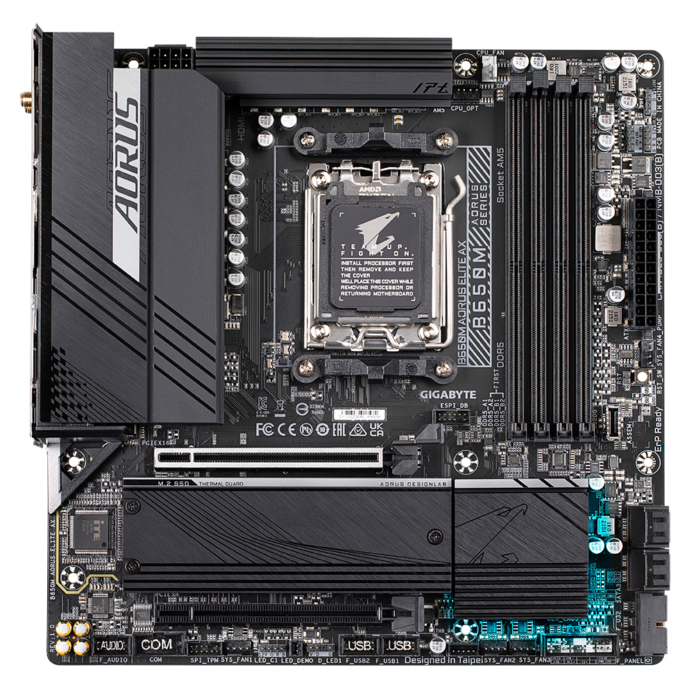 Gigabyte B650M AORUS ELITE AX 1.0 M/B Processor family AMD, Processor socket AM5, DDR5 DIMM, Memory slots 4, Supported hard disk drive interfaces SATA, M.2, Number of SATA connectors 4, Chipset AMD B650, Micro ATX - Image 2